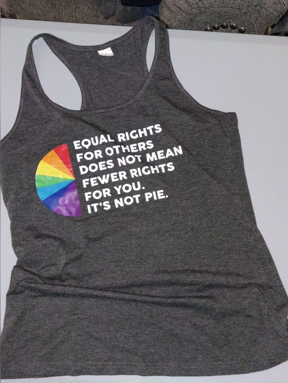 Women's Medium Charcoal Gray Racerback Tank with Rainbow Pie Graphic